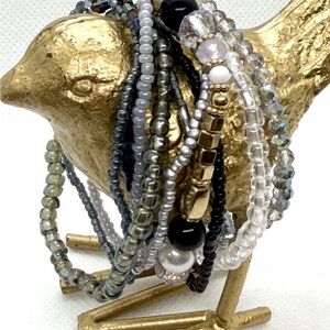 Multi-Strand Beaded Bracelet Stack - Gray, Black & Gold